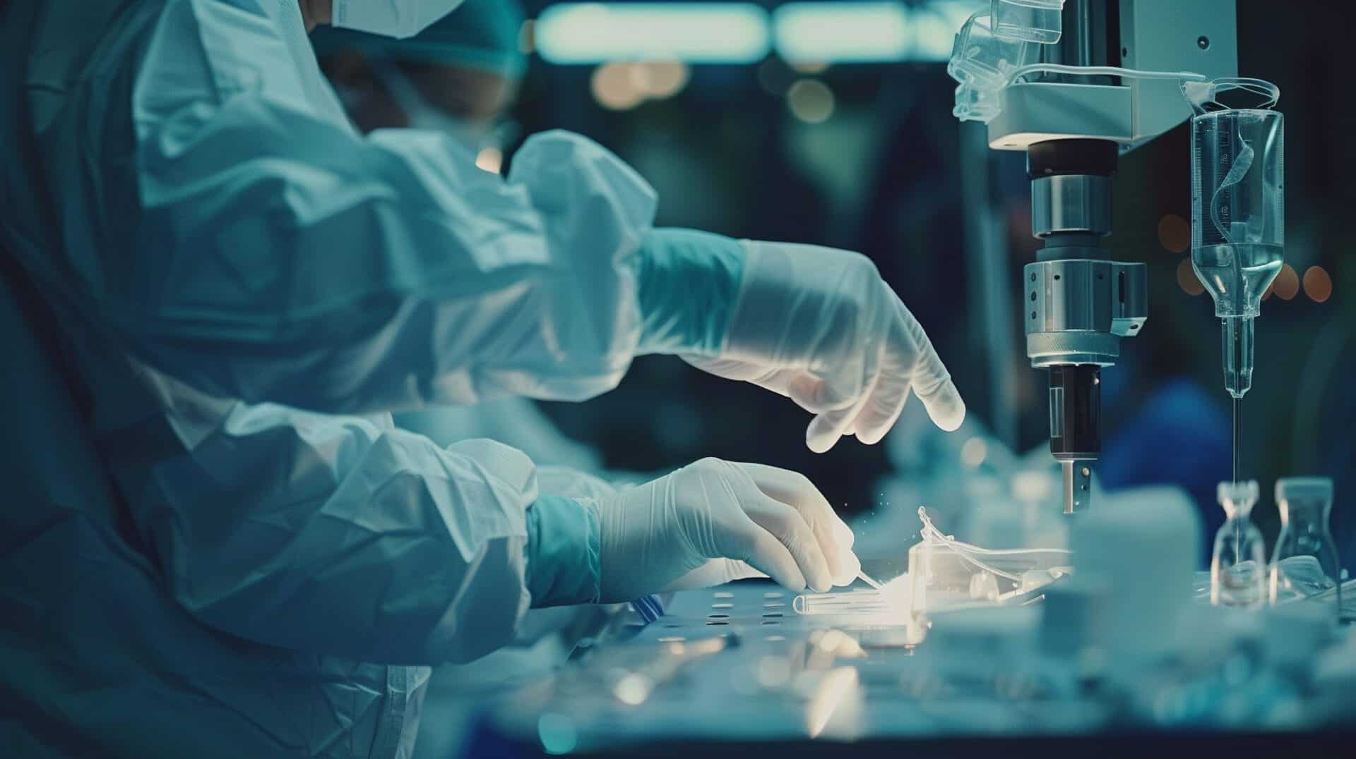 A close-up view capturing a critical moment where a surgeon and a surgical robot work side by side on a patient, background softly blurs out, symbolizing the future of surgical practices. R&D tax credit medical manufacturing