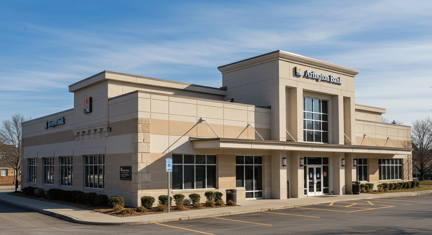 Illustration of a single-story bank building (not a photo of the actual property)