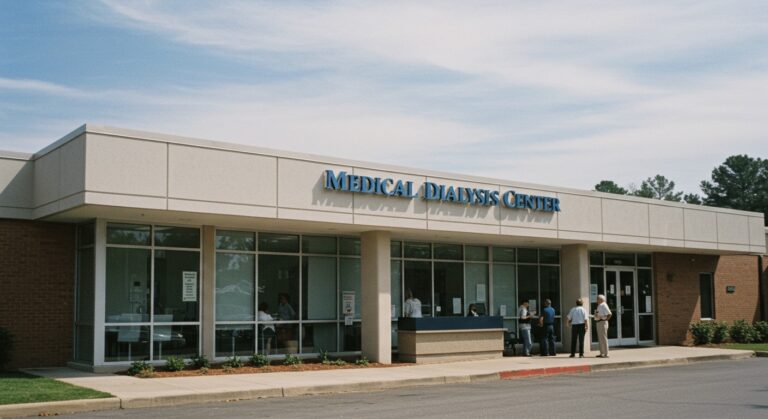 Illustration of a one-story medical dialysis center (not a photo of the actual property)