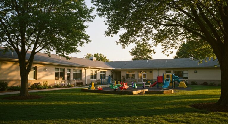 Illustration of a one-story preschool building (not a photo of the actual property)