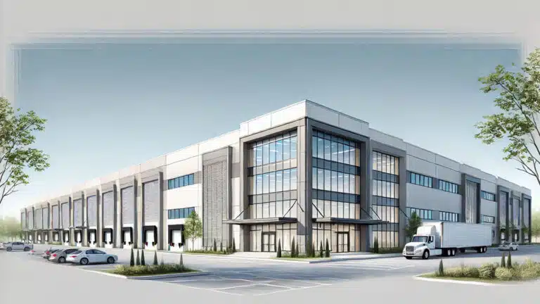 A digital illustration depicting a contemporary warehouse-office building in a North Carolina industrial district. The structure’s exterior shows clean architectural lines, a neutral color palette, and a neatly arranged parking area under a partly cloudy sky.